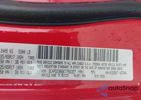 2019 Dodge Journey Se из США, поврежденный, VIN 3C4PDCBB6KT756327